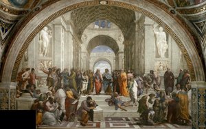 Ateenan koulu. Fresko Stanza della Segnaturassa, noin 1510-1511. tekijältä Raphael
