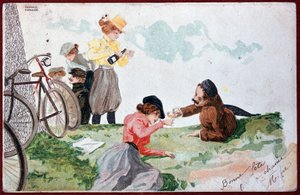 Country Party: Piknik ja pyöräily - kuvitus R. Kirchner, v.1900