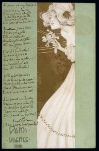 Puolikas neitsyt ja Paul Verlainen runo - postikortti, kirjoittanut Raphael Kirchner (1876-1917), 1900-luvun alussa