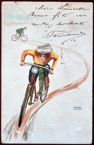 Postikortti naisesta polkupyörällä - piirustus R. Kirchner, n. 1900.