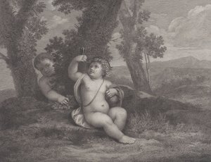 Bacchus-lapsi istuu puun alla, viinilasia ylhäällä, toinen lapsi takana..., 1780