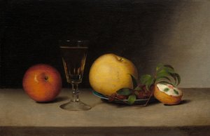 Asetelma omenoiden, sherryn ja teekakun kanssa tekijältä Raphaelle Peale