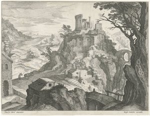 Maisema Vestan temppelin kanssa Tivolissa tekijältä Raphaël Sadeler (I) (attributed to)
