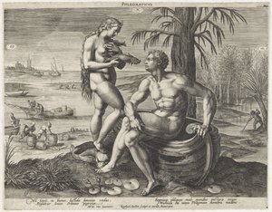 Flegmatistinen temperamentti Phlegmaticus (otsikko esineessä) Vier temperamenten (sarjan nimi) tekijältä Raphaël Sadeler (I)