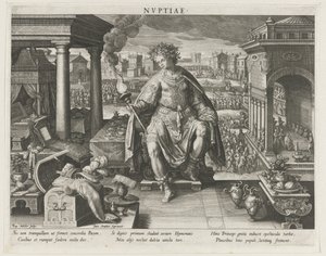 Nuptiae avioliiton personifikaationa Nvptiae (otsikko objektissa) Prinssin päätoiminnat (sarjan nimi) Schema, seu speculum principum (sarjan nimi) tekijältä Raphaël Sadeler (I)