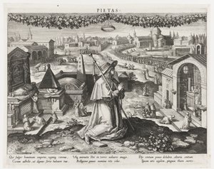 Pietas hurskauden persoonallisuutena Pietas (otsikko esineessä) Prinssin päätoiminnat (sarjan nimi) Schema, seu speculum principum (sarjan nimi) tekijältä Raphaël Sadeler (I)