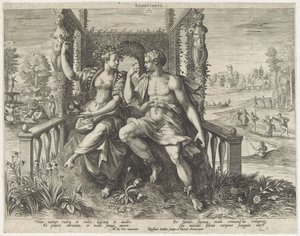 Sanguininen temperamentti Sanguineus (otsikko esineessä) Vier temperamenten (sarjan nimi) tekijältä Raphaël Sadeler (I)