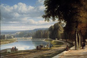 Kävele Parc de Saint Cloud -yksityiskohtaan Seinen rannalla, hevosia hinauspolulla. Raymond Esbratin (1809-1856) maalaus 1850 Roanne. Joseph Decheletten museo tekijältä Raymond Esbrat