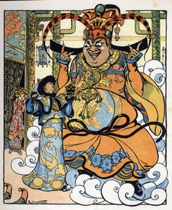 Aladdin, prinsessa Badroulboudour ja henki afrikkalaisen taikurin ruumiin edessä: kuvitus tarinaan "Aladin tai ihmeellinen lamppu" tarinassa "Arabian yöt".