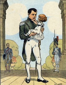 Muotokuva keisari Napoleon I:stä (1769-1821) ja hänen pojastaan Aiglonista (1811-1832) (Rooman kuningas Napoleon II, Reichstadtin herttua) (Ranskan keisari Napoleon I ja hänen poikansa Napoleon II) Raymond de Nezieren kuvitus teoksessa "Our-Glories-Nationa tekijältä Raymond de la Neziere