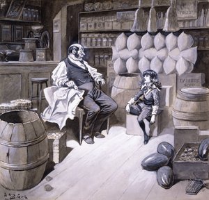 Herra Hobbs", sanoi Cedric, "jaarli istuu nyt tällä laatikolla!", kuvitus Frances Hodgson Burnettin teokseen "Little Lord Fauntleroy"