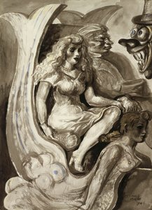 Ratsastajat merenneito-tunneliveneessä: Kaksipuolinen akvarelli tekijältä Reginald Marsh