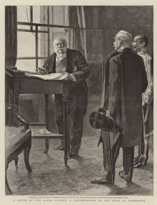 Hevoskaartin levee, esitys Cambridgen herttualle (kaiverrus). tekijältä Reginald Thomas Cleaver