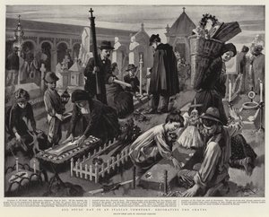 Pyhäinpäivä italialaisella hautausmaalla, hautojen koristelu (litografia) tekijältä Reginald Thomas Cleaver