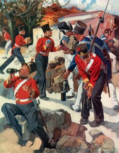 Entente Cordiale - englantilaiset ja ranskalaiset joukot jakavat lahjoja Wellingtonin kampanjan aikana niemimaalla (värilitografia). tekijältä Reginald Thomas Cleaver