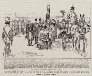 Kuninkaallisen merijalkaväen kevyen jalkaväen, Portsmouthin divisioonan, uusien sotilasvärien luovuttaminen (litografia). tekijältä Reginald Thomas Cleaver