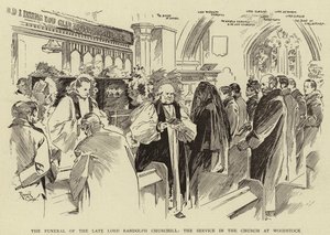 Edesmenneen lordi Randolph Churchillin hautajaiset, jumalanpalvelus Woodstockin kirkossa (litografia) (pdf) tekijältä Reginald Thomas Cleaver