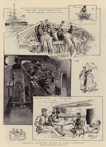 Merivoimien manööverit, tutkimuksia taistelulaivalla (litografia). tekijältä Reginald Thomas Cleaver