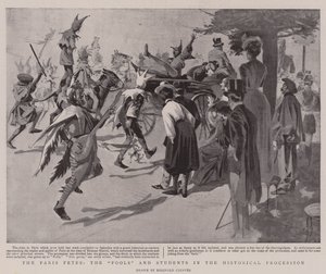 Pariisin juhlat, "Narrit" ja opiskelijat historiallisessa kulkueessa (litografia)