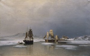 Purjelaivoja jäätyneellä vuonolla (öljy kankaalle) tekijältä Reinholdt Boll
