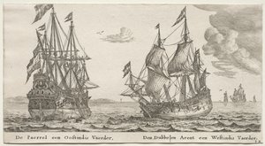 Amsterdamin laivat: The Pearl and East Indianman, The Double Eagle, a West Indianman. tekijältä Reinier Nooms