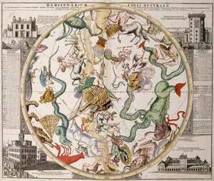Osa eteläisen pallonpuoliskon tähtikartasta Reiner Ottensin Atlas Maior -teoksesta (1730), jossa Greenwichin observatorio (vasemmalla) ja Kööpenhaminan Pyöreän tornin observatorio (oikealla). tekijältä Reinier Ottens