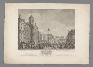 Vapauden juhla Dam-aukiolla Amsterdamissa, 4. maaliskuuta 1795 Vapaudenjuhla, vietetään vapauspuun vihkimisen yhteydessä, Amsterdamissa, Vallankumouksen aukiolla, 4. maaliskuuta 1795. Batavian vapauden ensimmäinen vuosi / Fête de la L