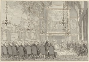 Preussin prinssi William V:n ja Wilhelminan vastaanotto Amsterdamin kaupungintalon valtuustosalissa tekijältä Reinier Vinkeles (I)