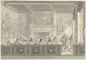 Prinssi William V:n istuin College of the Admiraltyssa Amsterdamissa tekijältä Reinier Vinkeles (I)