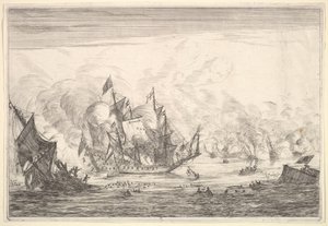 Meritaistelu englantilaisen laivan perustajan kanssa vasemmalla, Naval Battles Nieuwe Sc..., 1652-54. tekijältä Reinier Zeeman