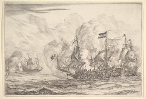 Merivoimien kohtaaminen kolmen aluksen kanssa oikealla, meritaisteluista Nieuwe Scheeps Bat..., 1652-54. tekijältä Reinier Zeeman