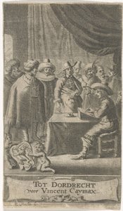 Kauppias kirjoituspöydän ääressä Nimisivu: J. van der Does e.a., Verscheyde voyagien, ofte reysen, 1652 tekijältä Reinier van Persijn