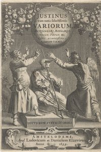 Minerva ja twee geketende figuren Otsikko voor: A. Thysius, Justinus cum notis selectissimis variorum Berneggerj, Bongarsy, Vossy, Thysy jne, 1659