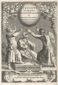 Minerva en twee geketende figuren Titelpagina voor: A. Thysius, Justinus valikoiduimmilla erilaisilla havainnoilla ja yksityiskohtaisella katsauksella, 1650