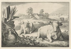 Pastura amb dues vaques ajagudes Finalització Diversa Animalia Quadrupedia (títol de la sèrie).