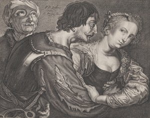 Hankinta: vanha nainen, sotilas ja nainen, n. 1635-68. tekijältä Reinier van Persyn