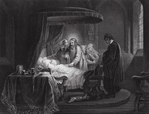 Jairuksen tyttären ylösnousemus, Markus, V luku, jakeet 35, 42 (kaiverrus). tekijältä Rembrandt Harmensz. van Rijn (after)