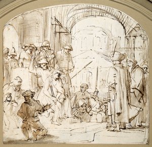 Christ Mocked (kynä ja muste pesulla paperille) tekijältä Rembrandt Harmensz. van Rijn (school of)