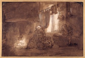 Pyhä perhe puusepänliikkeessä (kynä ja muste pesulla paperille) tekijältä Rembrandt Harmensz. van Rijn (school of)