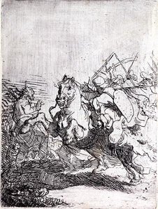 Ratsuväkitaistelu (kynä ja muste paperille) tekijältä Rembrandt Harmensz. van Rijn