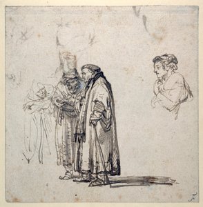 Ryhmä iäkkäitä tutkijoita ja erikseen nuoremman miehen profiili (kynä ja muste paperille) (recto of 2636120) tekijältä Rembrandt Harmensz. van Rijn