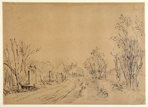 Päätie, joka johtaa taloon puiden läpi (kaksi siltaa ja porttipääsy dijkille) (kynä ja muste ruskealle paperille) tekijältä Rembrandt Harmensz. van Rijn