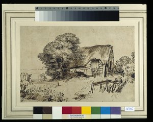 Olkikattoinen mökki suuren puun vieressä, ulkona istuva hahmo, n. 1648-52 (kynä ja muste paperille) tekijältä Rembrandt Harmensz. van Rijn