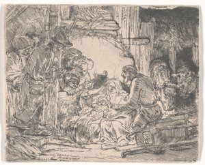 Paimenten palvonta lampun kanssa, n. 1654 (etsaus) tekijältä Rembrandt van Rijn