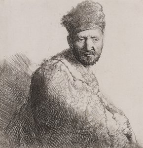 Parrakas mies karvaisessa itämaisessa lippassa ja -takissa tekijältä Rembrandt van Rijn