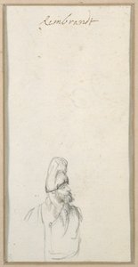 Parrakas mies profiilissa, korkea lippalakki, n. 1640 (musta liitu paperilla) tekijältä Rembrandt Harmensz. van Rijn
