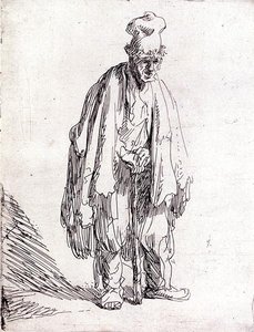 Kerjäläinen korkealakkisessa seisomassa (kynä ja muste paperille) tekijältä Rembrandt Harmensz. van Rijn