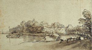 Mutka Amstelissa lähellä Kostverloren-taloa, 1650-luvun alku (kynä ja muste pesuaineella ja vartalovärillä paperilla) tekijältä Rembrandt Harmensz. van Rijn