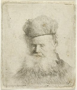 Vanhan miehen rintakuva, jossa on karvahattu ja virtaava parta, n. 1631 (etsaus paperille) tekijältä Rembrandt Harmensz. van Rijn