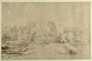 Kanava, jossa veneitä, ojatie ja puita (ruokokynä ja muste pesulla paperille) tekijältä Rembrandt Harmensz. van Rijn